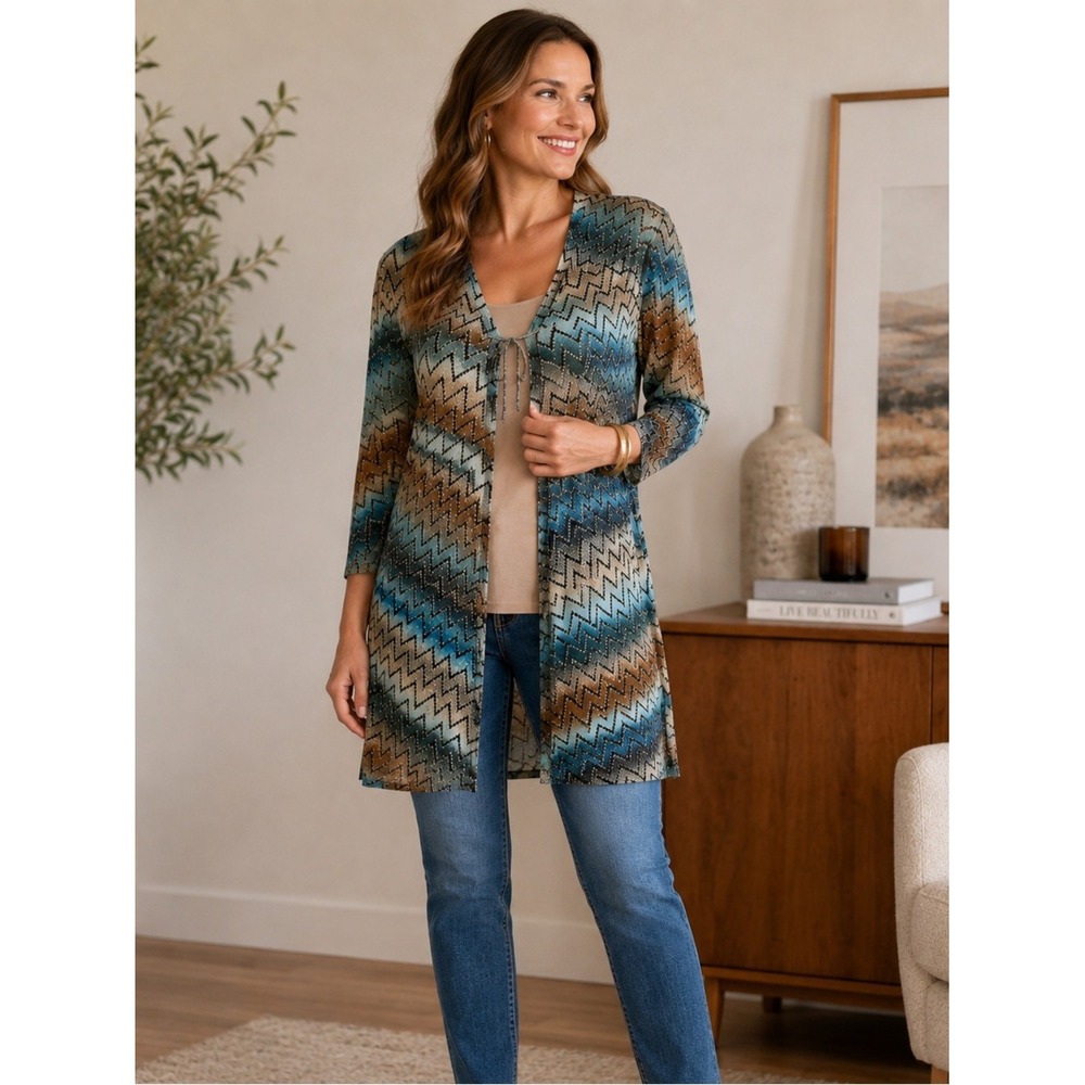 New Chico's Travelers Mirrored Chevron Tie-Front Duster Medium Chico's 1 Tribal